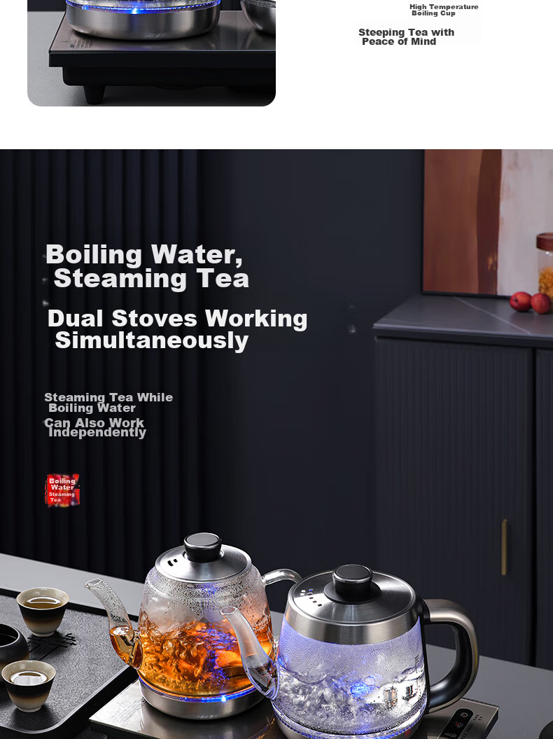 Biooner Fully Automatic Electric Kettle with Water Dispenser, Tea Maker, And Tea Table All-In for Home And Office Use, Integrated Tea Set XT-S07 Silver-Gray Three-Piece Set 1L 10
