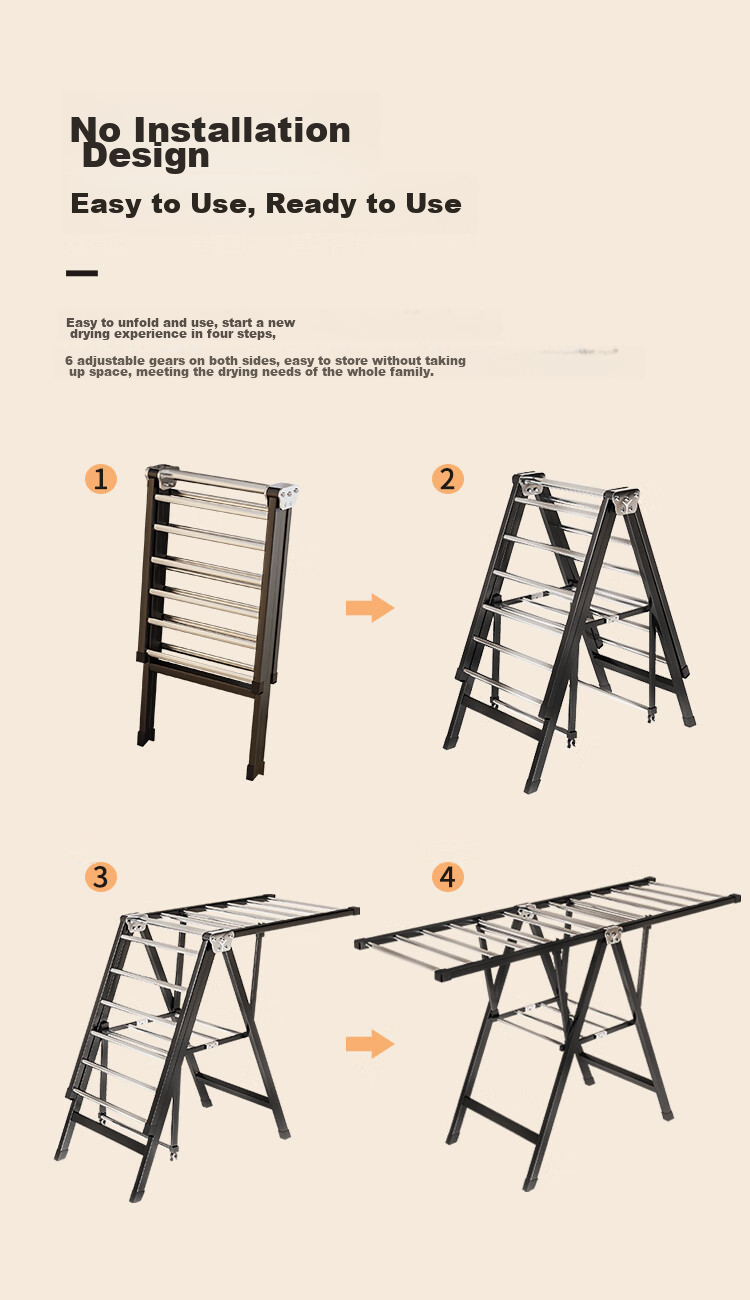 QIAONAMEI Clothes Drying Rack, Floor-Standing Foldable Hanger, Indoor Drying Pole, Balcony Quilt Drying Tool, Clothes Rack 4147BK 11