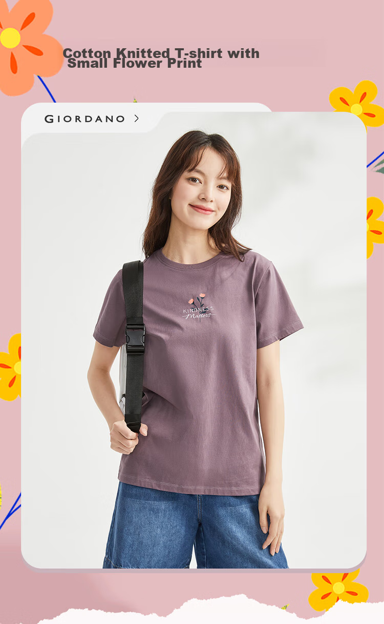 Giordano Women's Short-Sleeve T-Shirt, New Style, Pure Cotton, Small Floral Print, Round Neck, Youthful Casual Top, Women's Clothing, 13324317 3