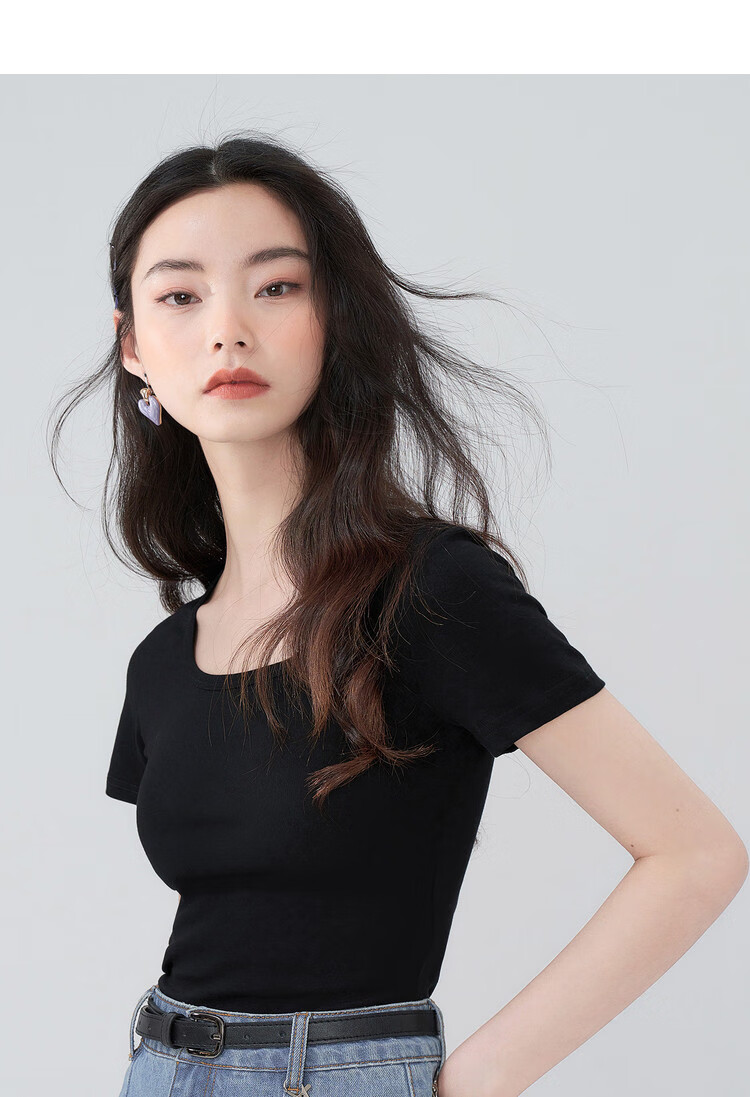 TUCANO Pure Cotton Regular Shoulder Short Sleeve T-Shirt for Women, Summer New Style Square Neck Simple Casual Slimming Top Undershirt, Black, 2XL 11