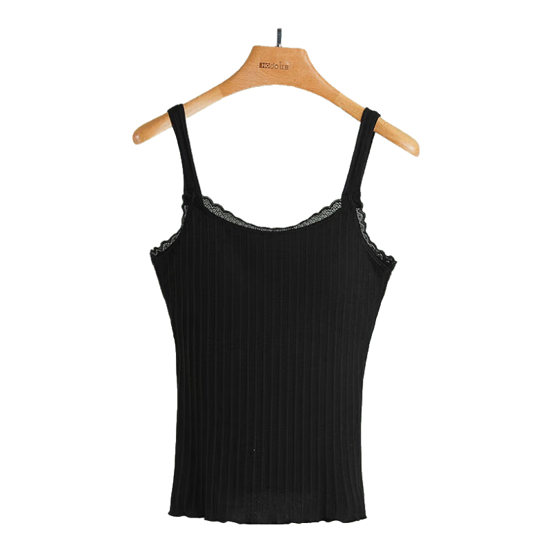 Hodo Bra-Free Camisole for Women, Japanese Style Striped with Chest Pads, Vertical Stripes, Beautiful Back Spaghetti Strap, Elegant Black, 175/100