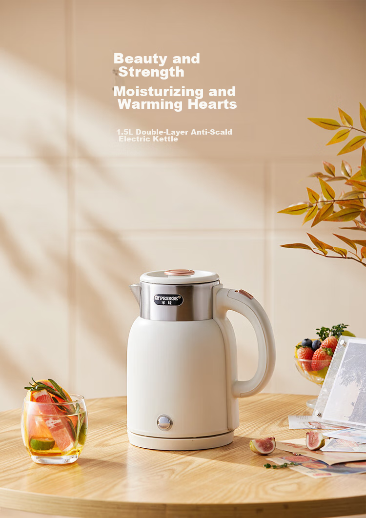 PESKOE Electric Kettle, Water Boiler, Hot Water Kettle, 1.5L Double-Layer Anti-Scalding Kettle, 304 Stainless Steel Hot Water Kettle, DF1515A-04, Gree 1