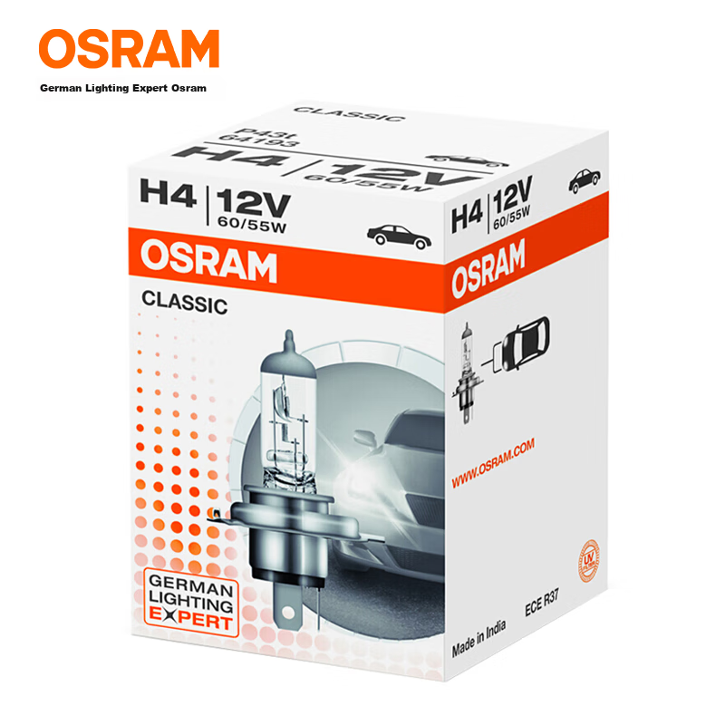 OSRAM Automotive Bulb, Headlight Low Beam High Beam Halogen Lamp, H4 Standard Type 12V (Single Pack)