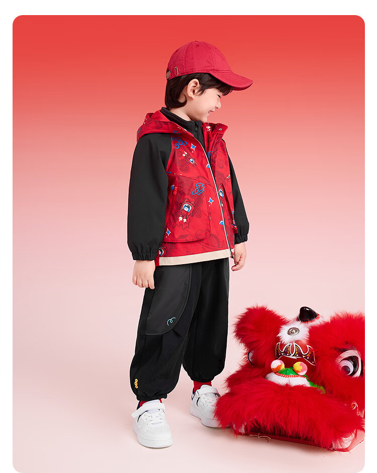 BALABALA Kids Boys' 2025 Autumn Winter Fleece Warmth Lunar New Year Two-Piece Set Three-Proof Anti-Static Thickened Jacket 2