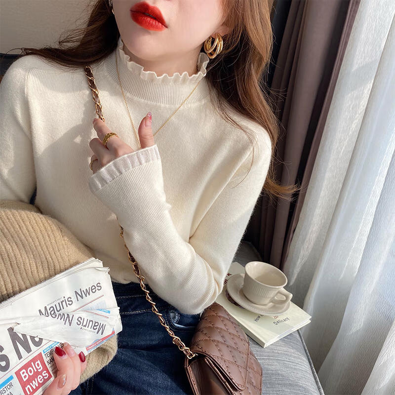 YUZHAOLIN Lace Semi-Turtleneck Base Layer Women's Inner Knit Sweater, Slim Fit, Unique Design, Long-Sleeve Top, White