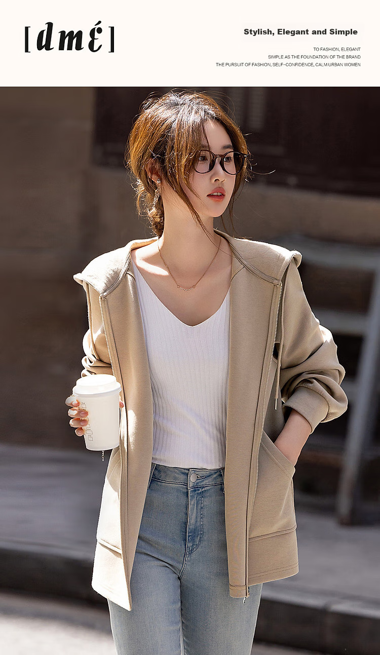 Dme [Stroll Outfit] Spring And Autumn Sporty Style 350G Air Layer Hooded Sweatshirt Jacket for Petite Women to Conceal Body Shape 1