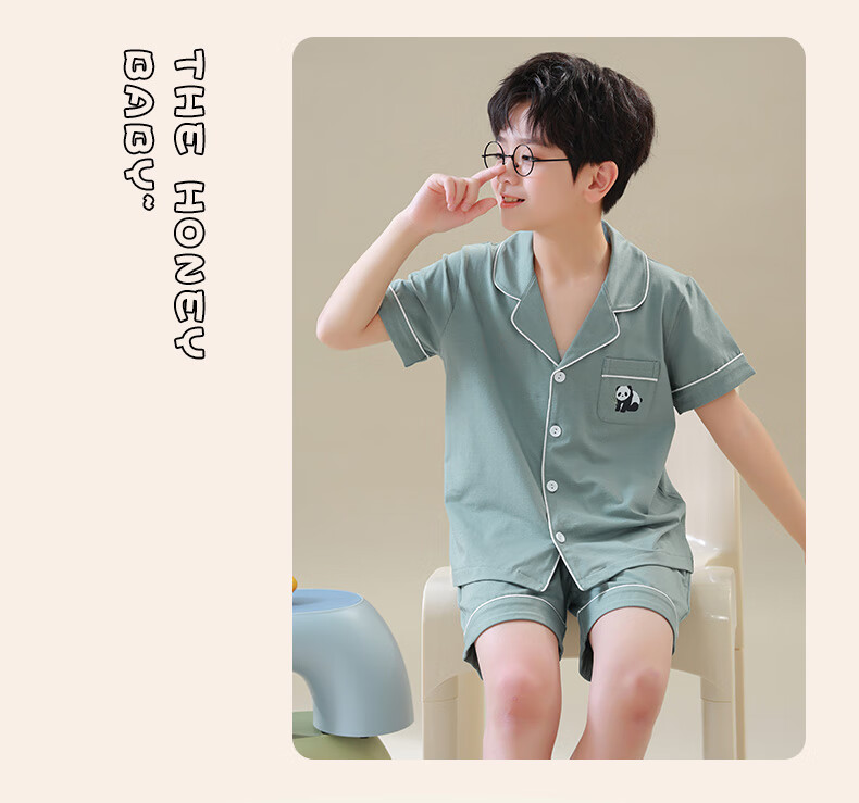 Hengyuanxiang Children's Pajamas, Boys' Pure Cotton Summer Thin Short-Sleeve Loungewear, Cardigan Sleepwear And Pajama Pants Set 5