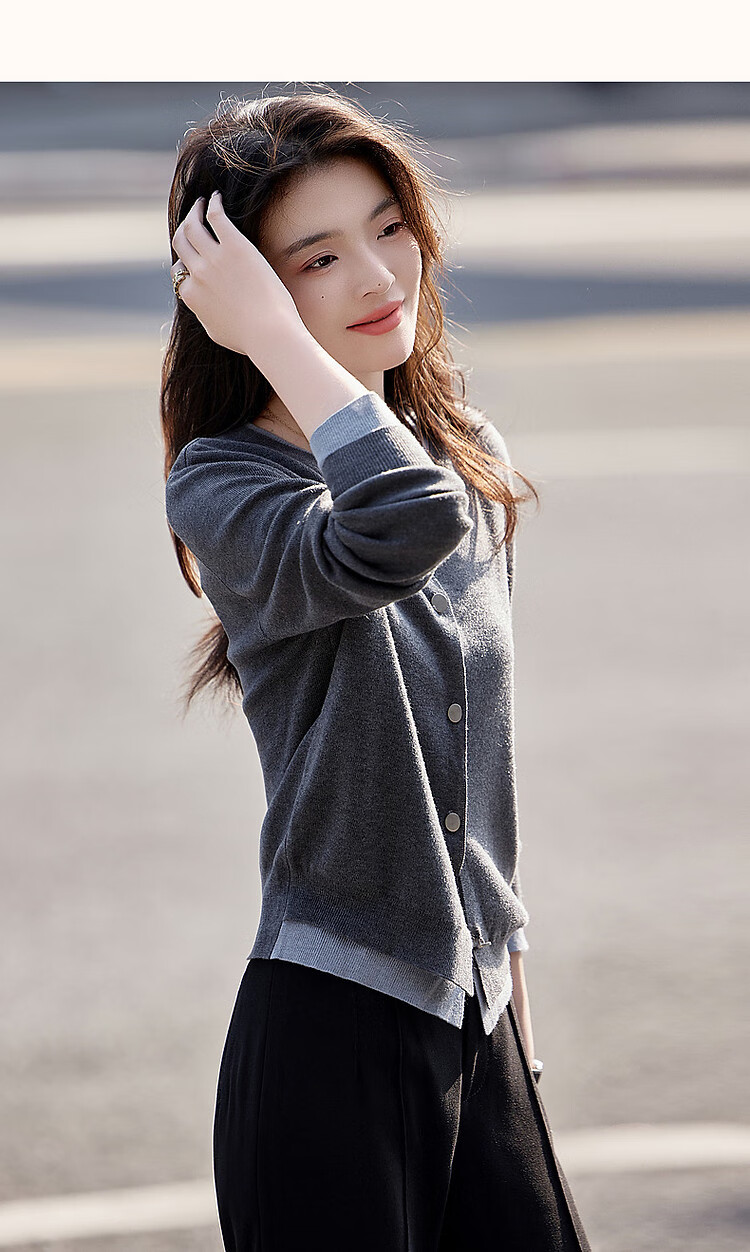 Dme [Jingshu Lingxiang Yichuang] Spring And Autumn Design-Inspired Faux Two-Piece Contrasting Color Sweater with Decorative Button Knit Top for Wome 16