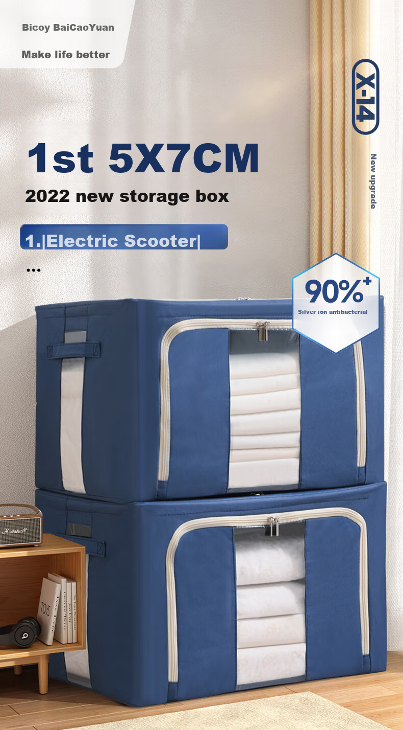 Baicaoyuan Antibacterial Oxford Fabric Storage Box, 36L Moisture-Proof Large Capacity Travel Box, Blue, 2-Pack, Fabric Organizer Box, Clothes And Quilt Storage Container 1