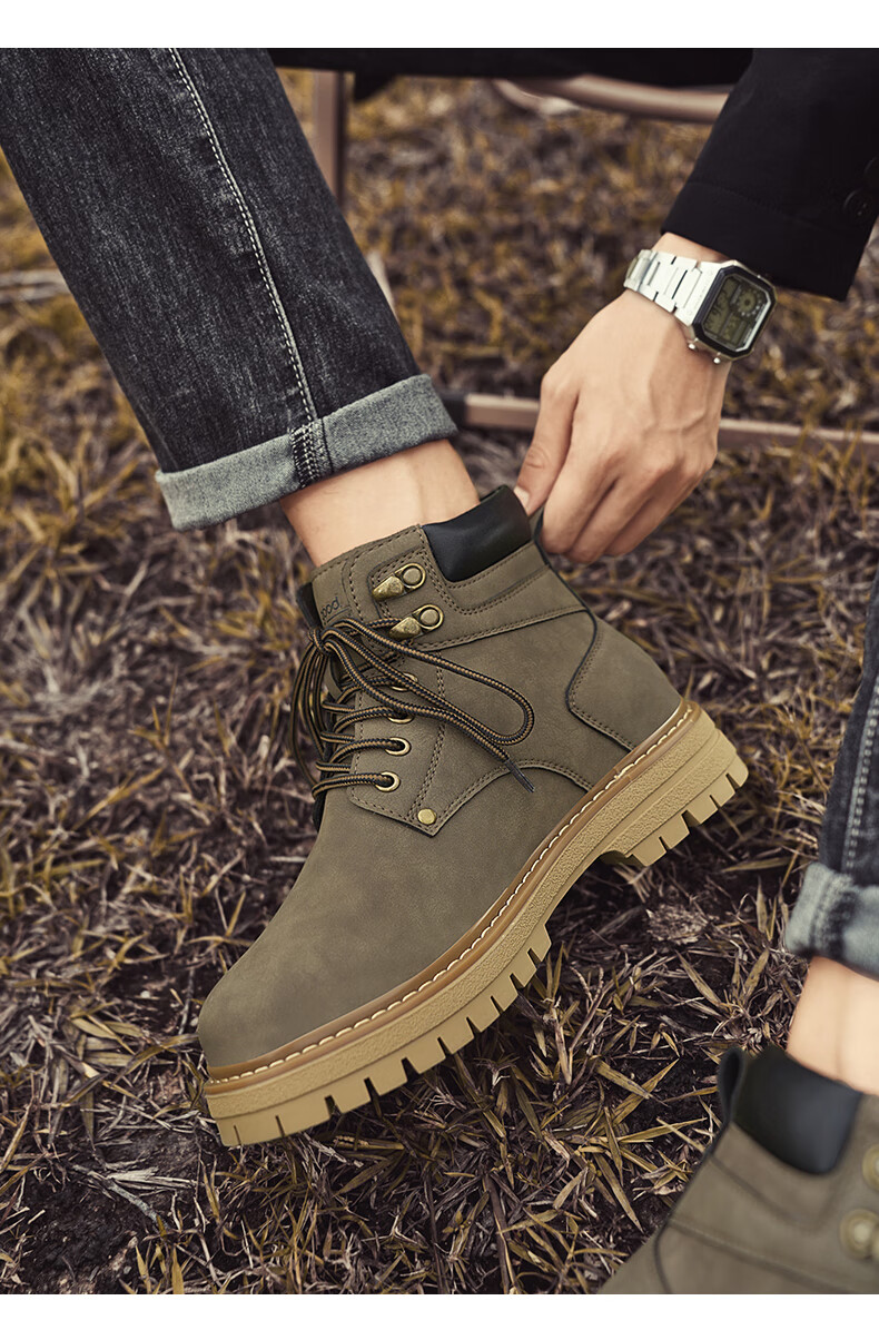 HLA Couple Boots, Yellow Boots for Men, Comfortable Thick-Soled Martin Boots, Men's Style T249, Earth Yellow Color, Size 42 11