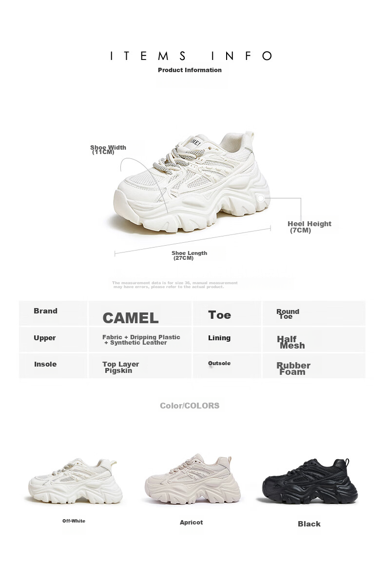 CAMEL Dad Shoes for Women, Mesh And Leather Patchwork, Double Lace-Up Thick-Soled Casual Shoes L24S283079 Apricot Color Size 36 27