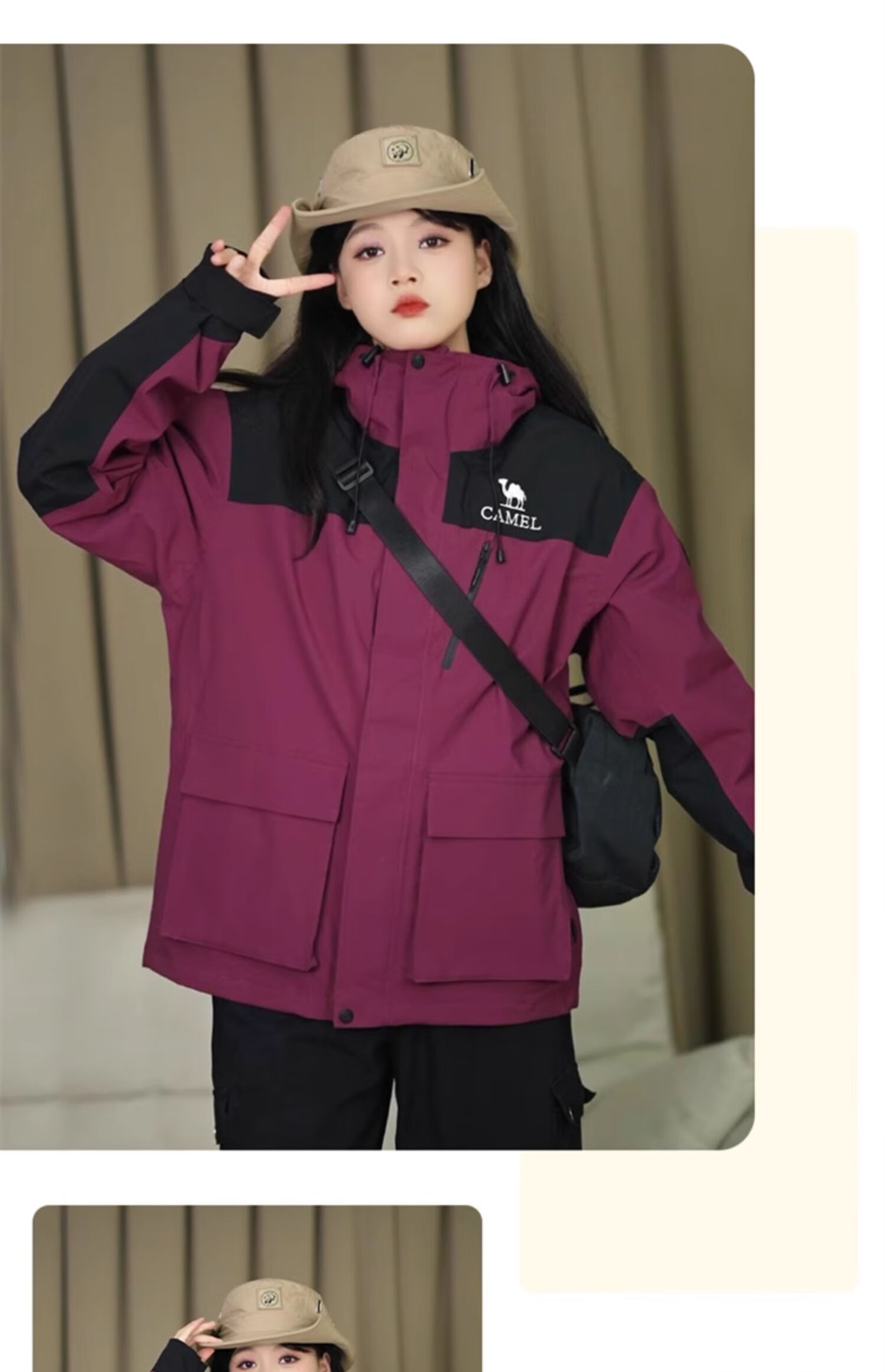 CAMEL Three-In Outdoor Jacket, Hiking Windproof Waterproof Coat, Camping Trekking Outerwear, O606, Phantom Black, XL 26