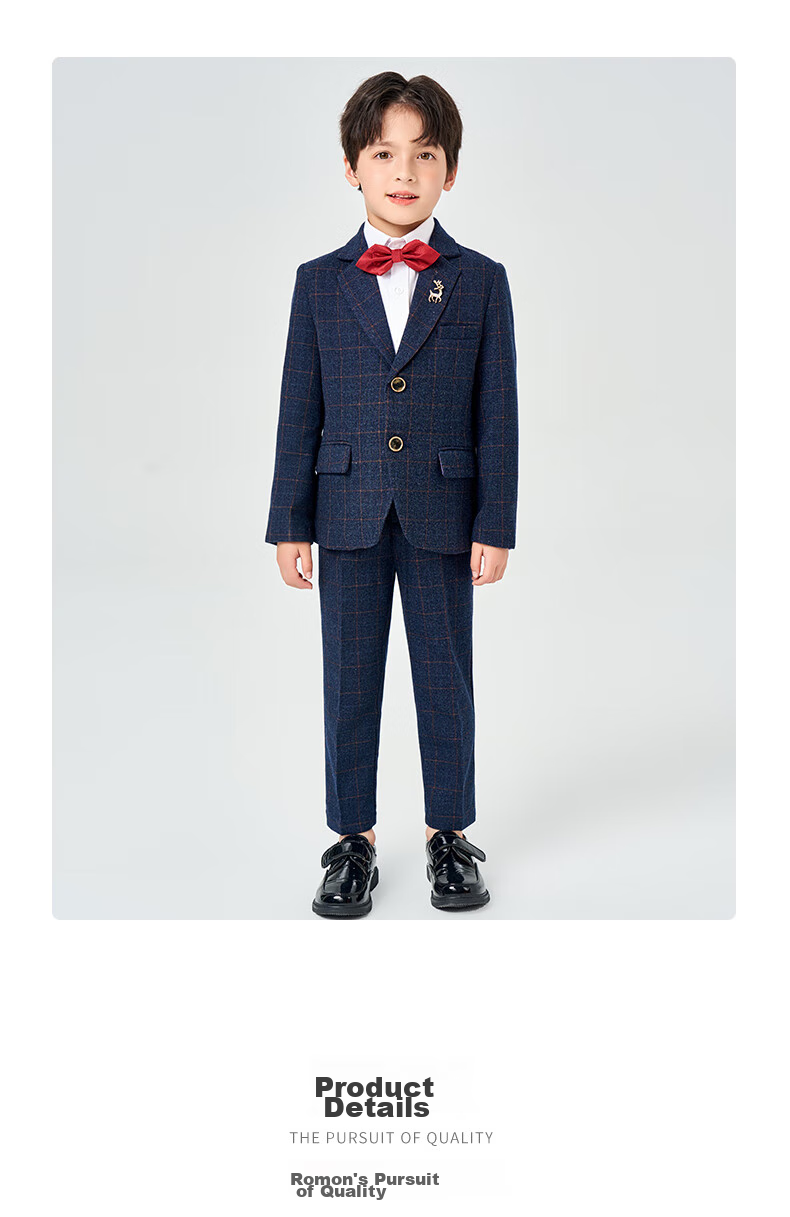 Luomeng Children's Suit Set, Flower Boy Host Formal Wear, Boys' First Birthday Piano Performance Outfit, Navy Blue And Yellow Plaid, Size 120 20