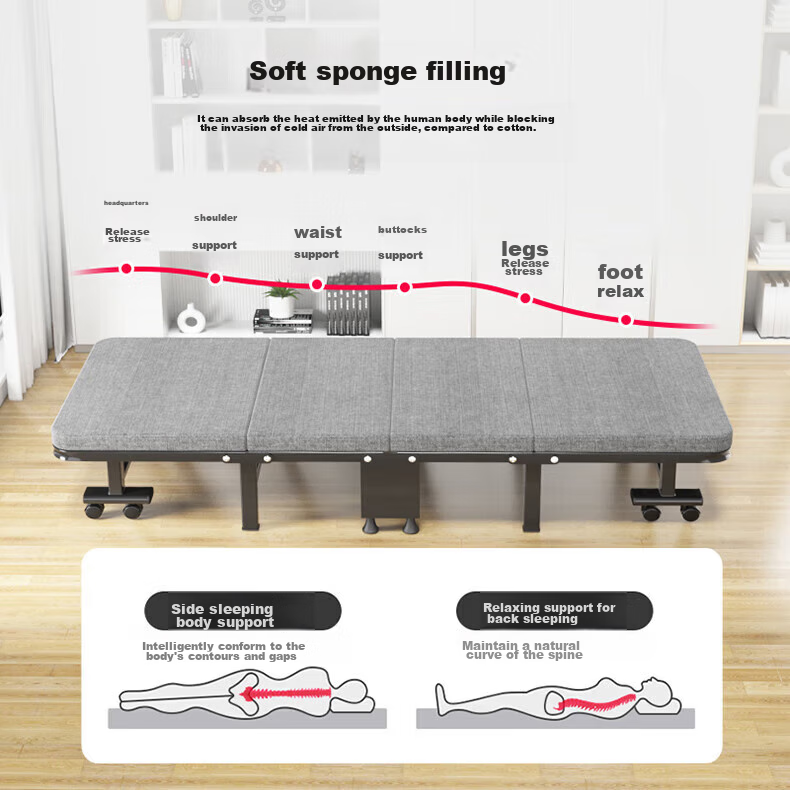 Okeefe Folding Bed, Single Nap Bed for Office, Four-Fold Foam Bed, Hospital Accompanying Bed, Wooden Board Bed, 70cm 9