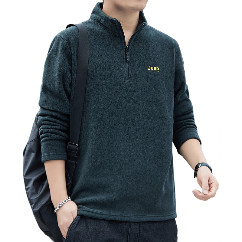 JEEP Men's Autumn Winter Loose Fit Long Sleeve Fleece Thickened Casual Sweatshirt Gray Green L