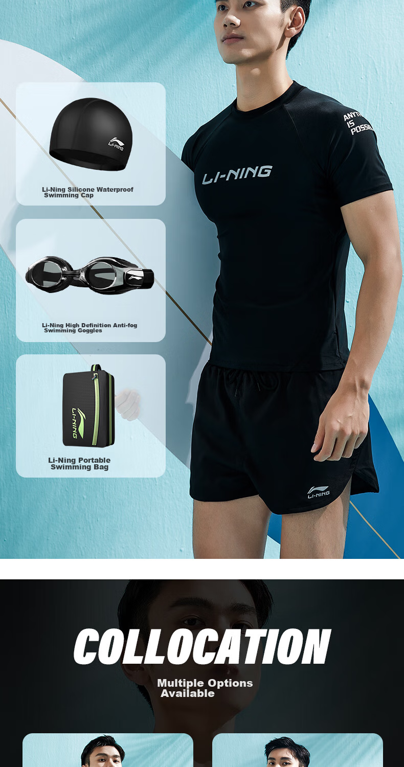 Li-Ning Men's Swim Trunks, Anti-Embarrassment Double-Layer Water And Land Dual-Use Swimming Trunks, Goggles, Swim Cap, Swimwear Set for Men, Non-Prescription XXL 10