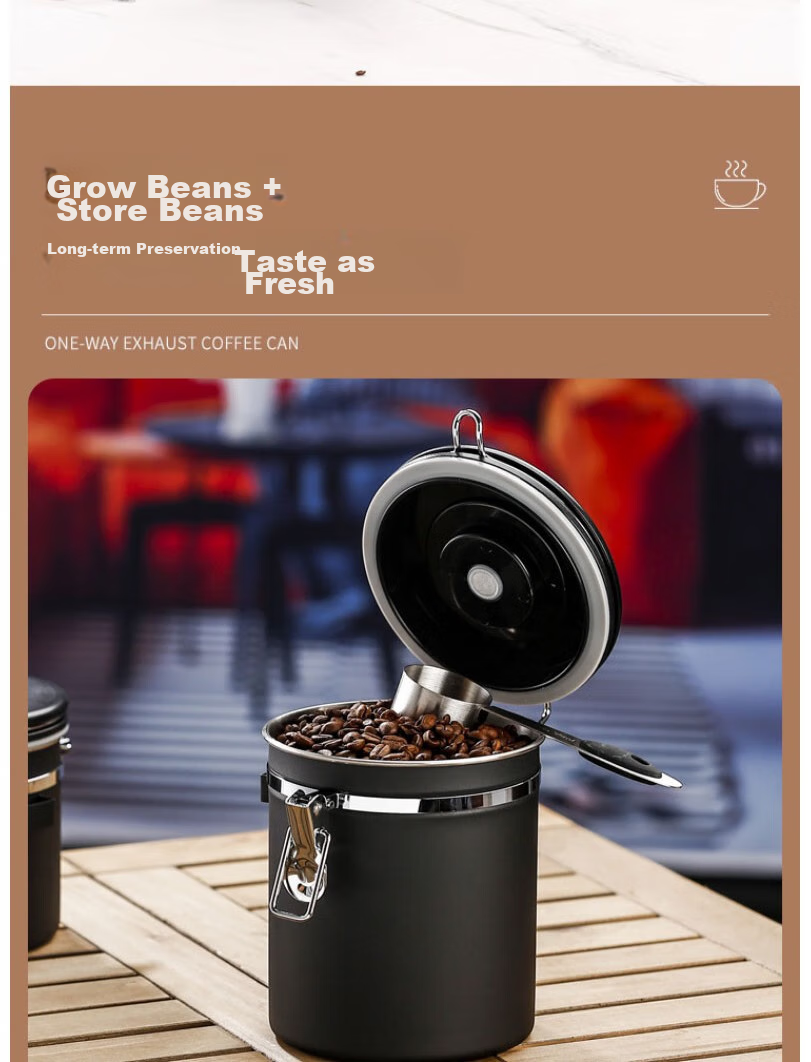 Beiyin Coffee Bean Storage Canister with Spoon, Sealed 304 Stainless Steel Container, Ventilated, Date Setting Option, Black, 1.5L 2