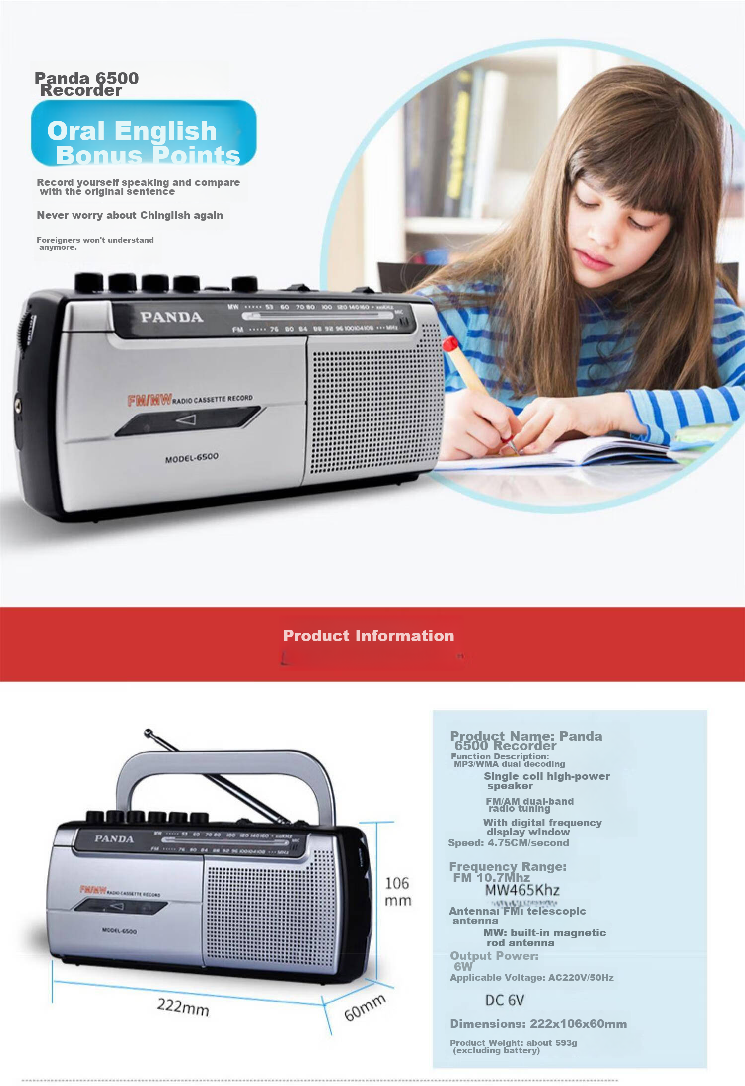 PANDA (PANDA) 6503 Portable Tape Recorder for Elderly with USB and SD Card Slots, Mini Player for Cassette Recording, English Learning for Elderly at Home, White 12