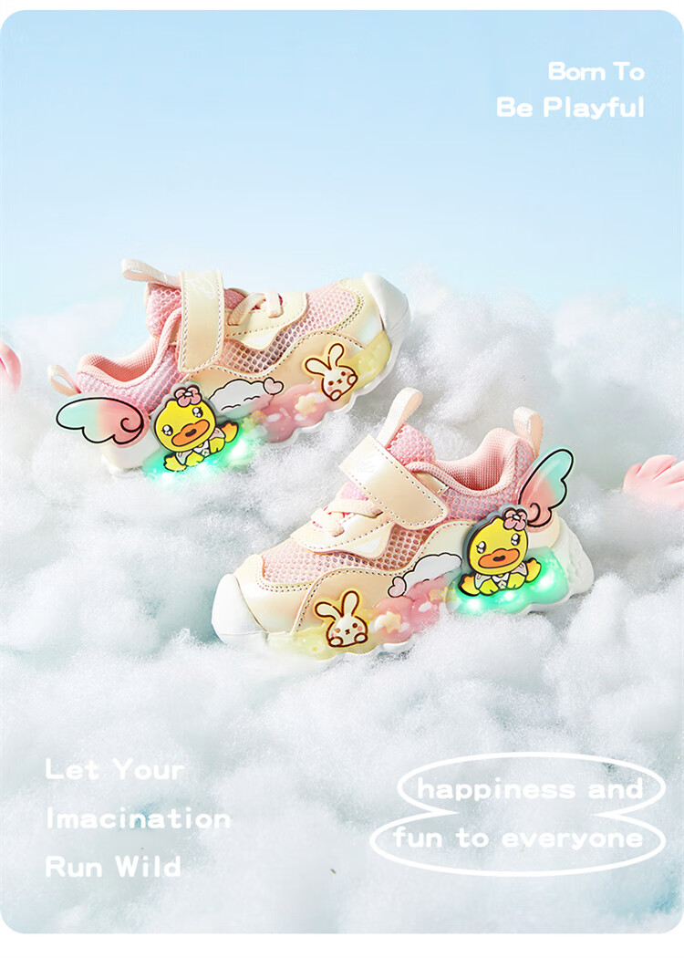 B.Duck Children's Shoes, Girls' Soft-Soled Sneakers, Light-Up Shoes with Flashing Lights, Spring And Autumn Season Bright-Light Shoes, White And Purple, Size 22 14