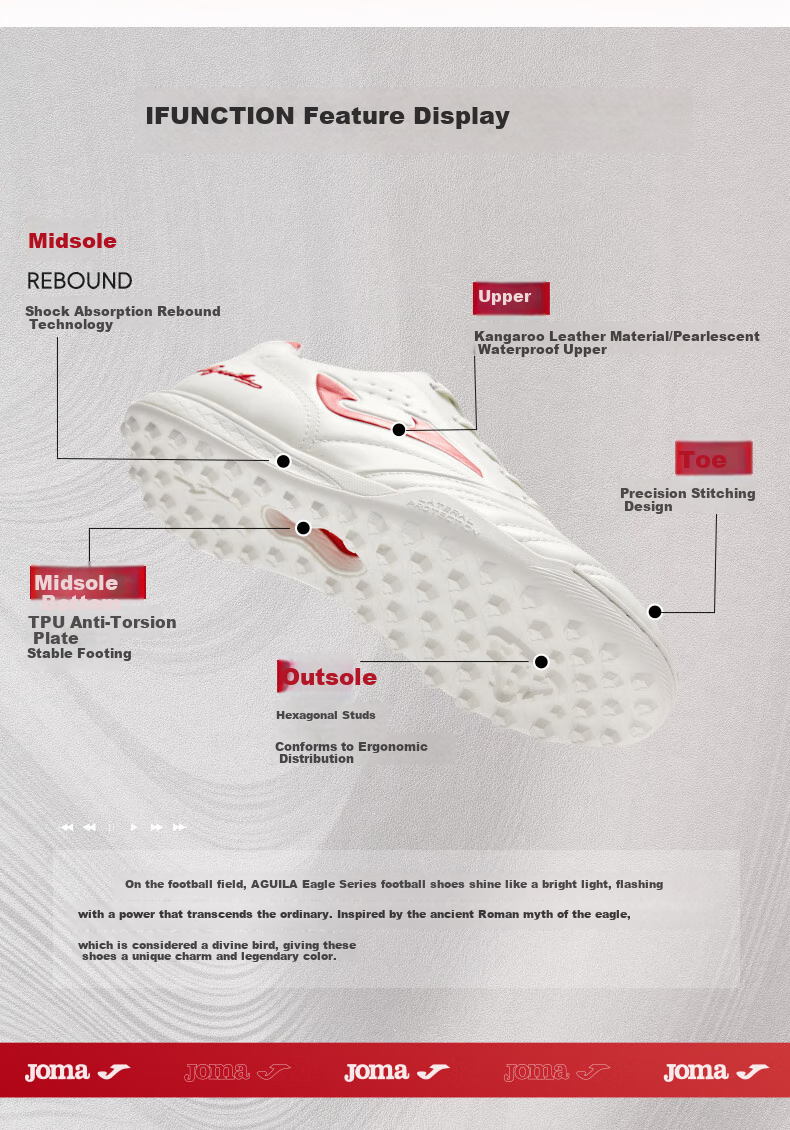 JOMA Kangaroo Leather Soccer Shoes for Men with TF Studs, Professional Competition Football Training Shoes for Adults And Youth, White And Red, Size 39 2