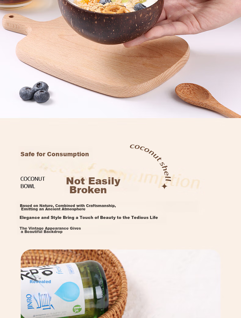 BJ Yogurt Bowl with Spoon, Wooden Dessert Fruit Salad Bowl for Home Breakfast Oatmeal, Natural Coconut Shell Bowl 13