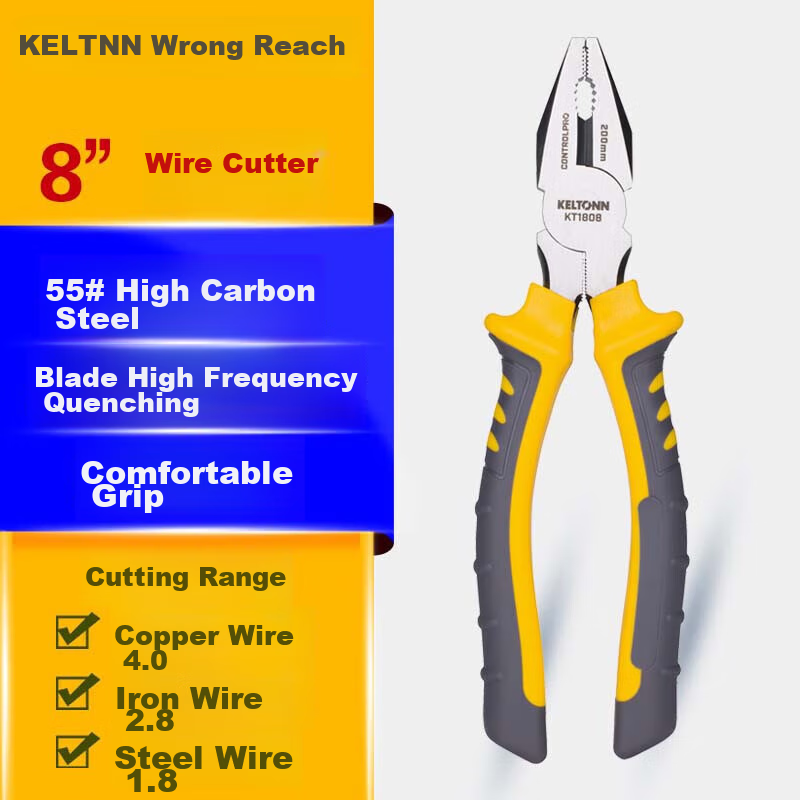 KELTONN Pliers, Wire Cutters, 8-Inch Tiger Pliers, Electrician's Gripping Tool, Household Tool, Blackened And Rust-Resistant, KT1808