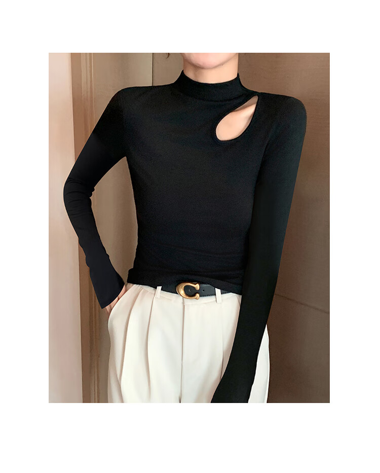 Woodpecker Women's Half Turtleneck Hollow Long Sleeve Autumn Slim Ribbed T-Shirt White S 5