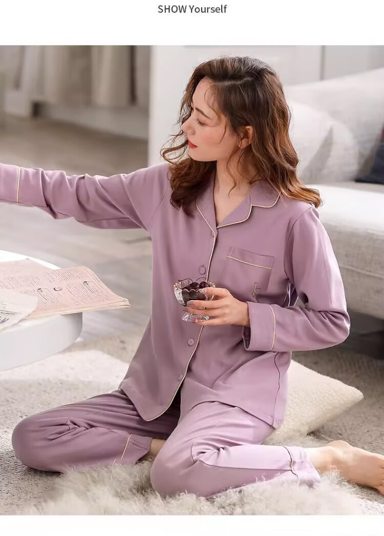 Langsha Women's Sleepwear (Antibacterial + Pure Cotton) Spring and Autumn Long Sleeve Long Pants Two-Piece Homewear Plus Size Winter Set 8