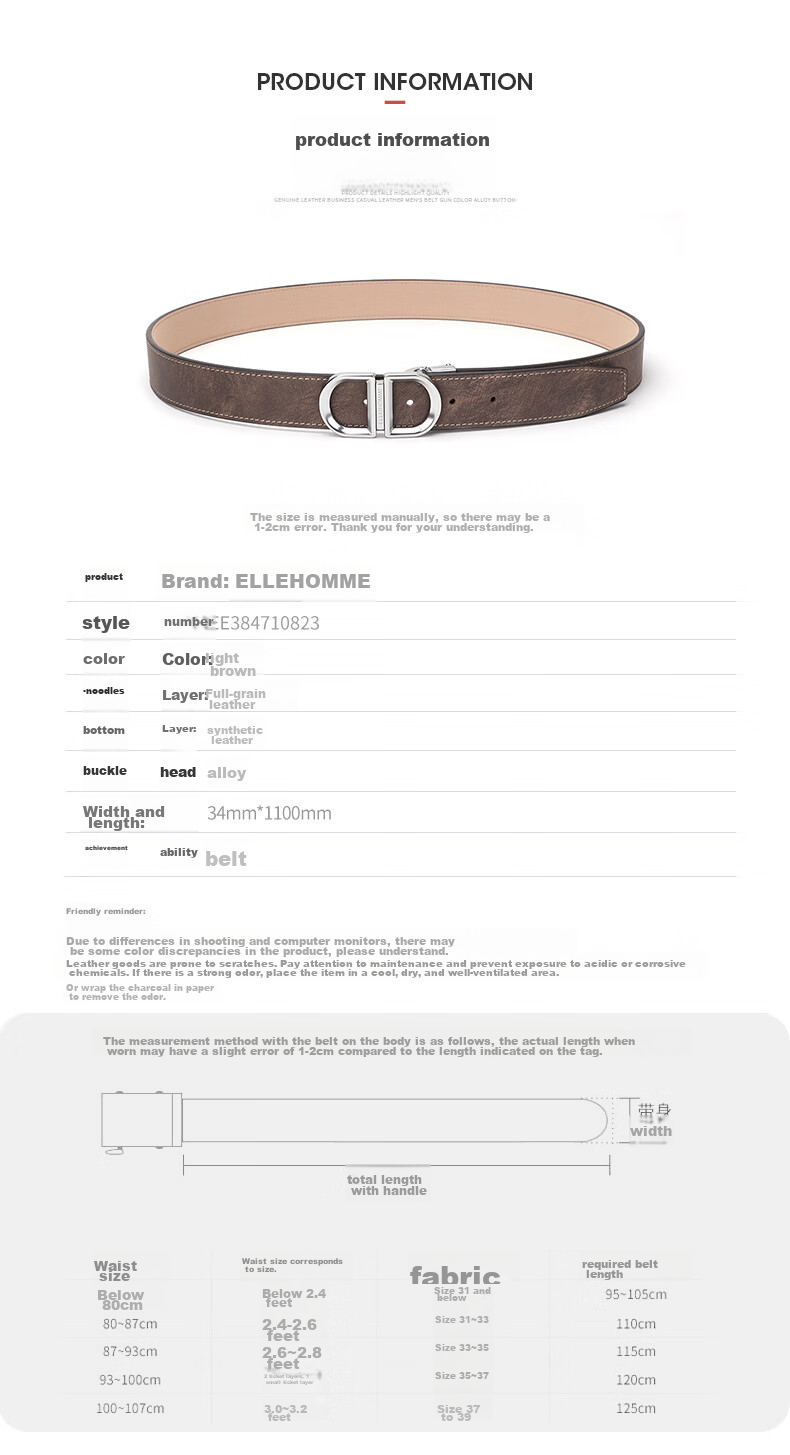 ELLE HOMME Men's Belt, Top-Grain Leather Buckle Waistband, Hollow Buckle Dress Pants Belt, Birthday Gift for Boyfriend 7