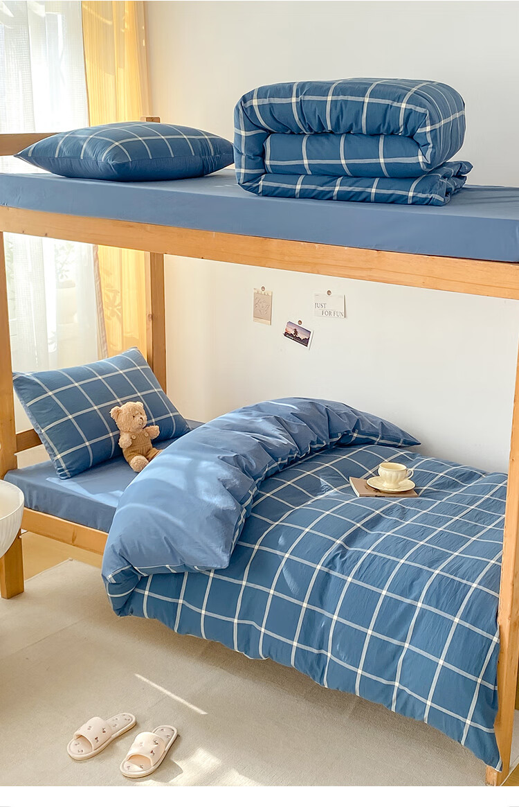 Wuyinliangpin Cotton Student Bedding Set, Dormitory Bed Sheet Duvet Cover Pillowcase Single Bed Three-Piece Set, Blue-Gray Large Check Patter 5