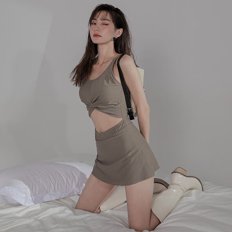 OMOM Women's Summer One-Piece Swimsuit, Tummy Control, Slimming, Conservative, Sexy, Skirt-Style, Fairy-Like, Instagram-Style, Hot Spring Swimming Suit, Coffee Color, XL (Recommended for 118-128 Jin)