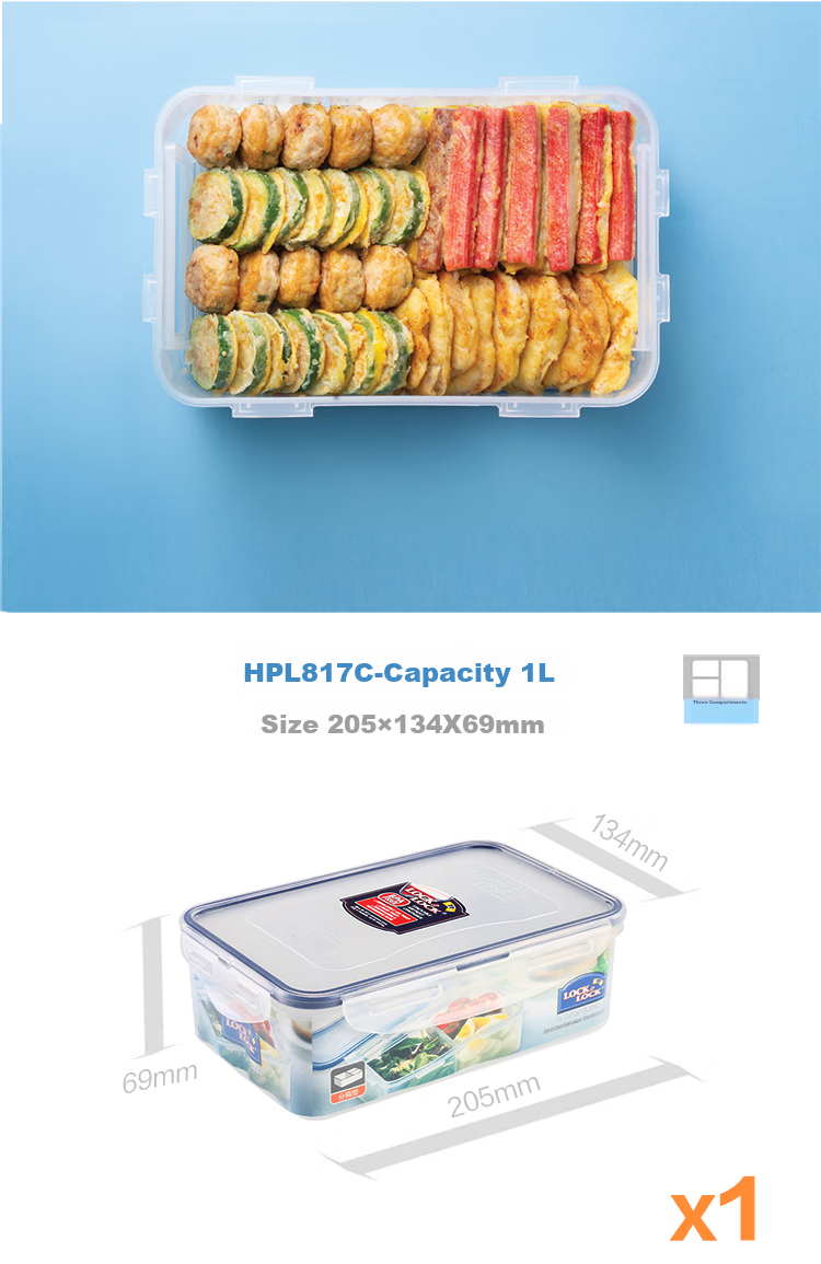 LOCK&LOCK Large Capacity Divided Plastic Food Storage Container, Lunch Box, Meal Box, Snack And Fruit Container, Refrigerator Organizer Box, Storage Container, 1L 3