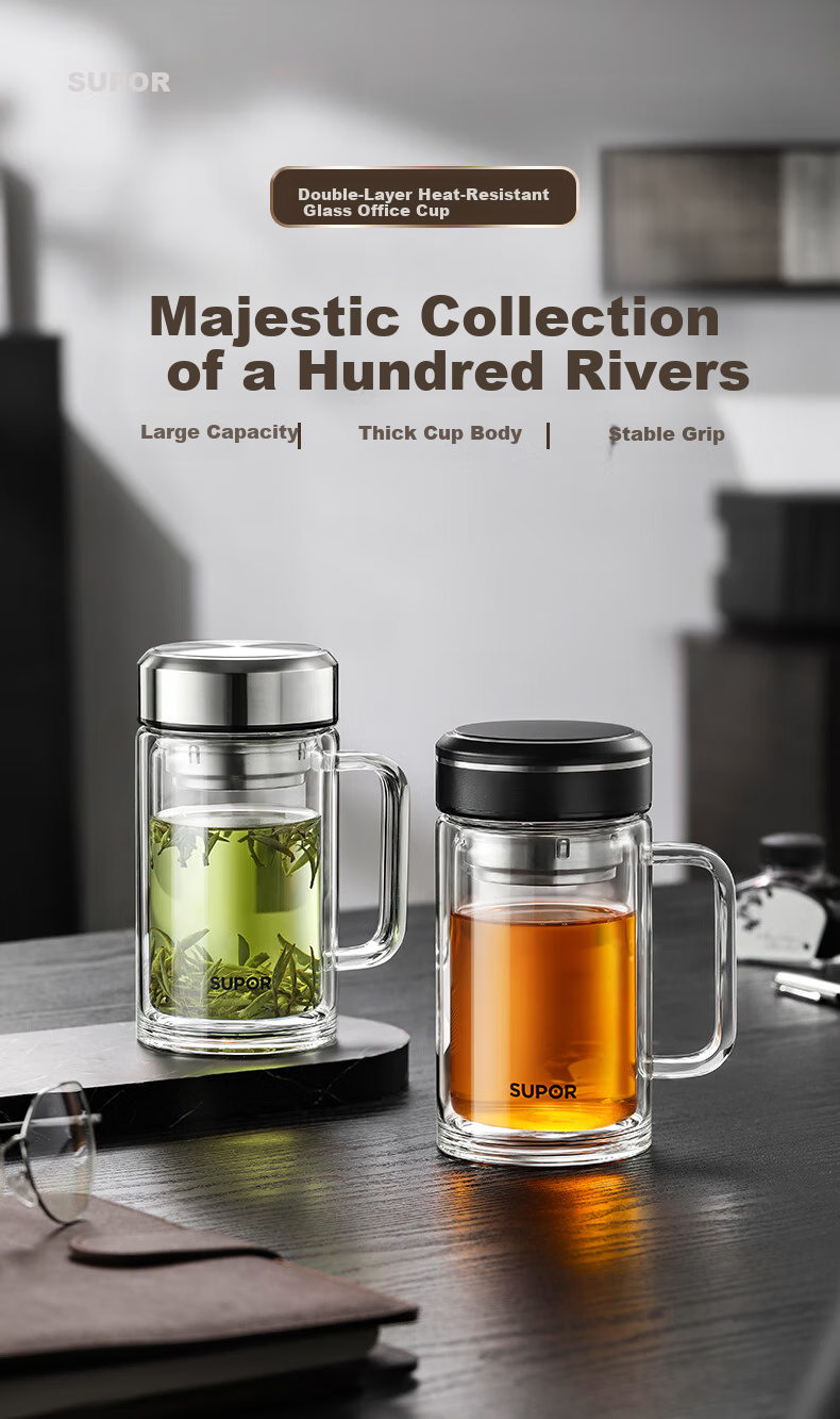 SUPOR Double-Layer Glass Cup for Men, Home Tea Infuser Cup with Handle, Business High-Quality Mug for Office Use 1