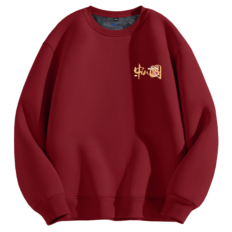 Warrior [New Year Battle Robe] New Year Style Red Sweatshirt for Men, Fleece-Lined Winter Round Neck Pullover for Me