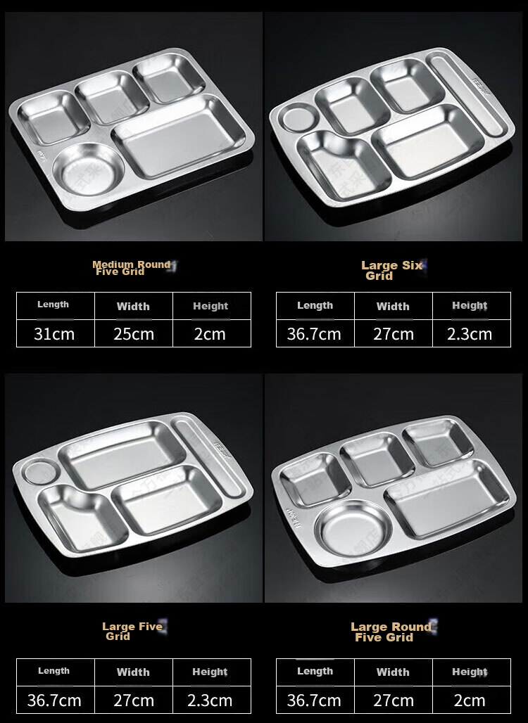 Jinwanfu Stainless Steel Divided Plate, School Canteen Dining Tray, 304 Stainless Steel Compartment Plate, 1.0mm Thick, 450g, Large Six Compartments 17