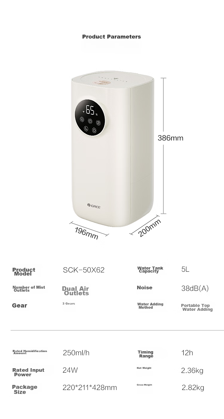 GREE Humidifier, Quiet, for Bedroom And Mother And Baby Use, UV Sterilization, Disassemblable And Washable Whole Unit, Air Humidifier, Desktop Standing Type, Large Mist Output for Home Office, Air Conditioning Room Humidification, 50X62 21