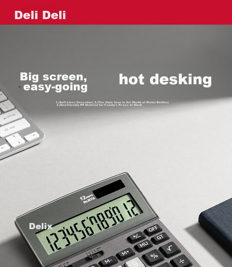 Deli Dual Power Business Office Desktop Calculator, 12-Digit Large Screen Plastic Keypad Desktop Calculator, 1671A 1