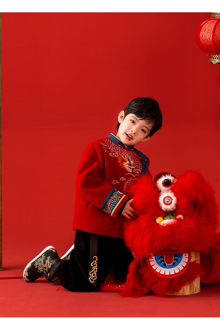 Qibo Boys' New Year Hanfu, Children's Winter 2026 Style, Chinese-Style Greeting Outfit, Cloud-Rising Dragon Antlers Red And Blue Top, Size 110 6