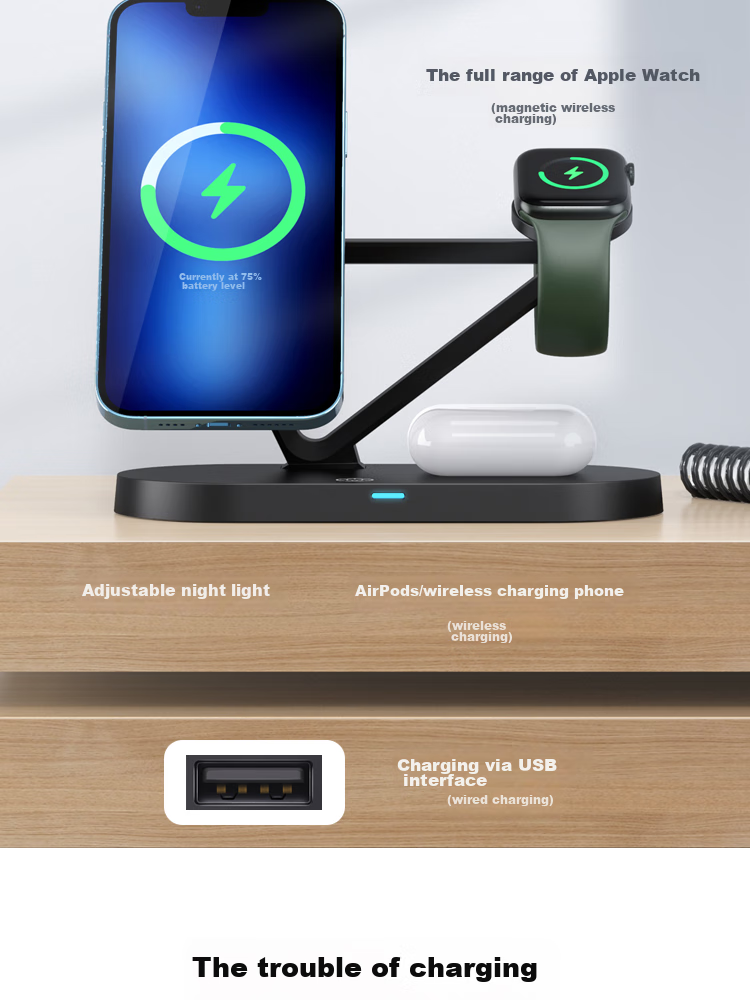 ESCASE Five-In Wireless MagSafe Magnetic Charger for Apple IPhone 16 Pro Max, Watch, Earphones, 15W Fast Charging Stand WBF-32 White 3