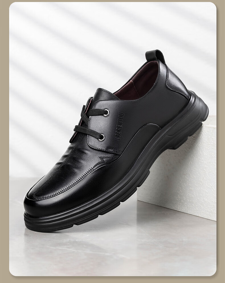 LAORENTOU Men's Leather Shoes, Business Casual Shoes, Top-Grain Cowhide, Lace-Up, Breathable, Non-Slip, Wear-Resistant, Dad Shoes, LA96 Black, Size 43 8