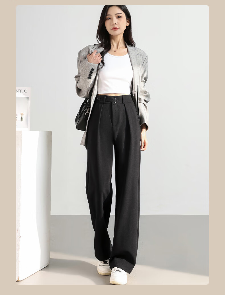 FitonTon Women's Black Early Autumn 2025 Draped Elegant Casual Wide-Leg Straight-Leg Trousers 10