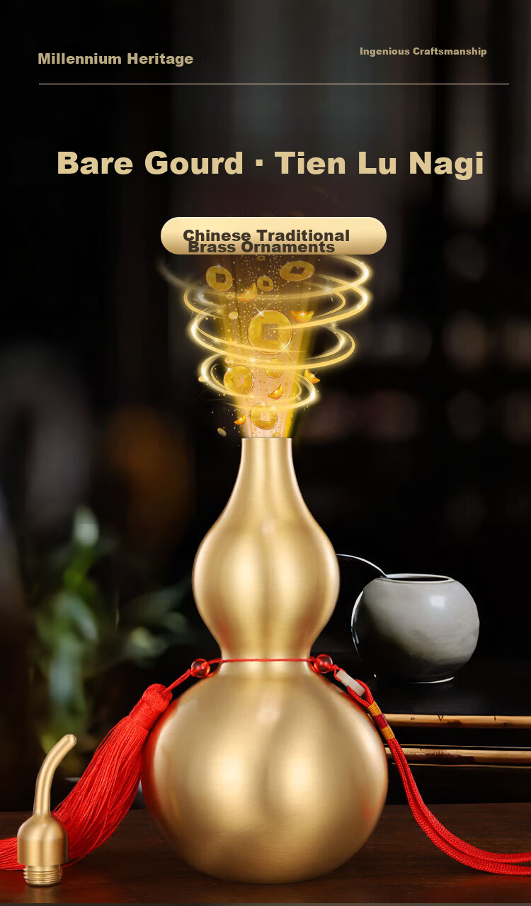 Binyue Brass Gourd Ornament, Open Gourd Pendant with Cinnabar, Living Room Entrance Office Decoration, Approximately 11 Cm Tall 3