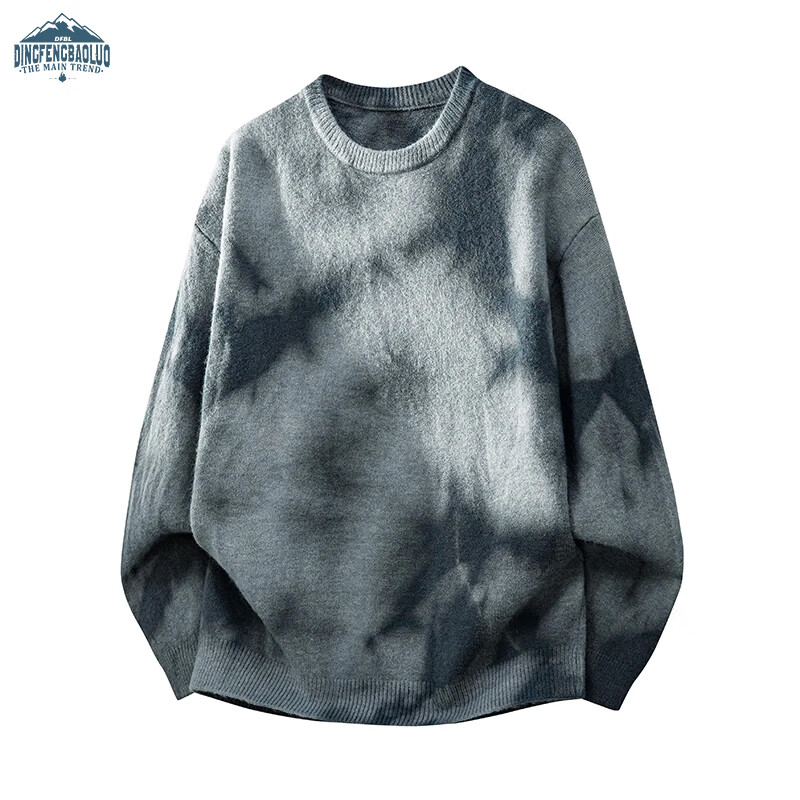 Dingfengbaoluo Tie-Dye Men's Sweater Autumn Winter Trendy Casual Warm Round Neck Cashmere Base Knit CMD16 Light Gray L