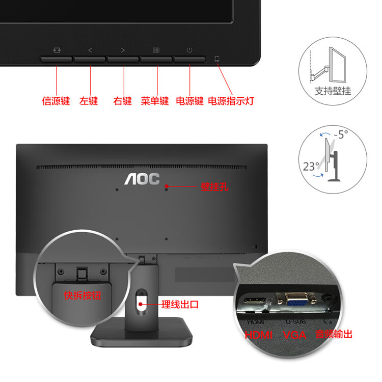 AOC 19.5-inch Low Blue Light Eye-care Flicker-free HDMI Business Office LCD Monitor 20E1H Wall-mountable 2
