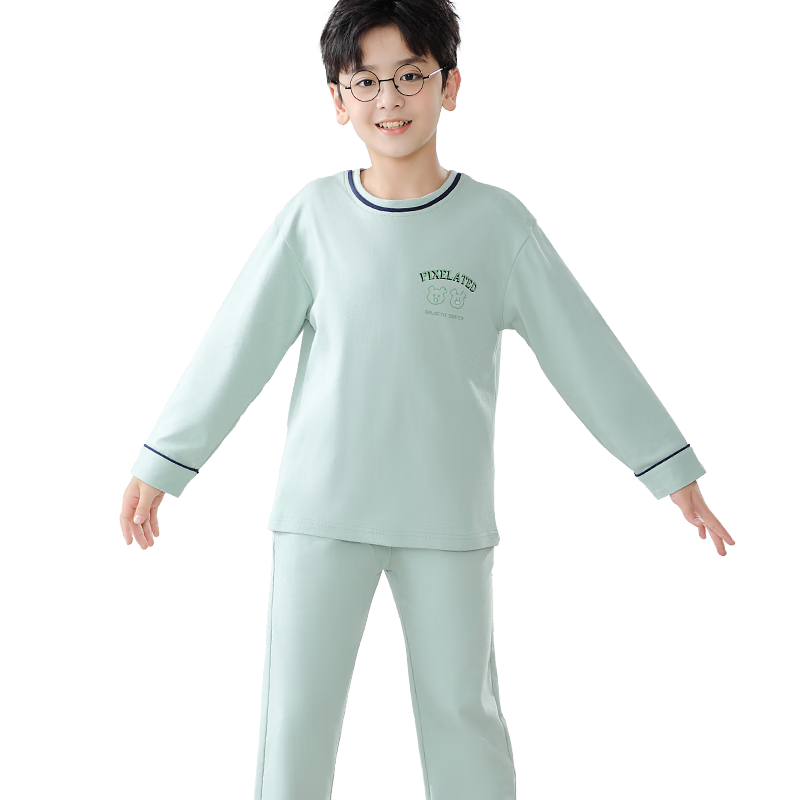 MiiOW Kids Boys 40S Cotton 5A Antibacterial Homewear Set Spring Autumn Long Sleeve 24 New Green 140cm