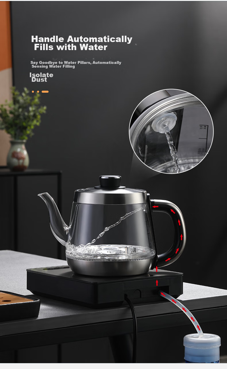 Biooner Fully Automatic Electric Kettle with Water Inlet, Glass Kettle, Tea Table Dedicated Integrated Tea Table, Coffee Table, Tea Brewing Utensils, Electric Tea Stove XT-301 Silver Gray Single Burner 1L 6