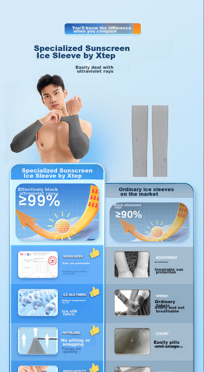 XTEP Ice Silk Arm Sleeves for Men And Women, Sun Protection Long Thin Gray Arm Covers for Summer Driving, Outdoor Sports, Cycling, UV Protectio 3