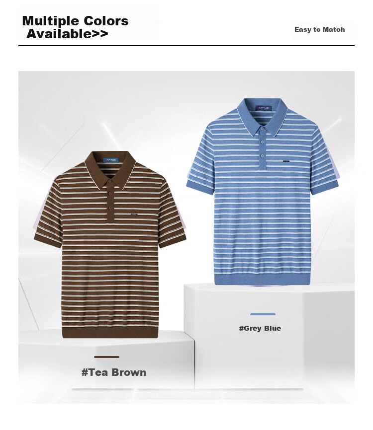 MONTAGUT Summer POLO Shirt Short Sleeve Striped Men's Mulberry Silk Skin-Friendly Breathable Cool Casual T-Shirt, Tea Brown, L/50 3
