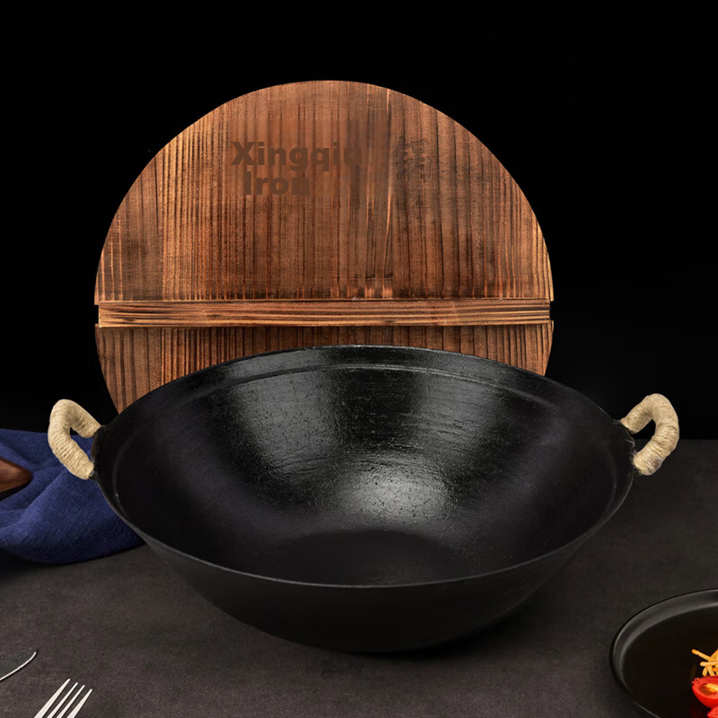 Xia Laoda Wok, Zhangqiu Cast Iron Pot, Double-Handled Stew Pot, Raw Iron, Non-Stick, No Coating, Compatible with Induction Cooker, Cooking Pan, 36cm