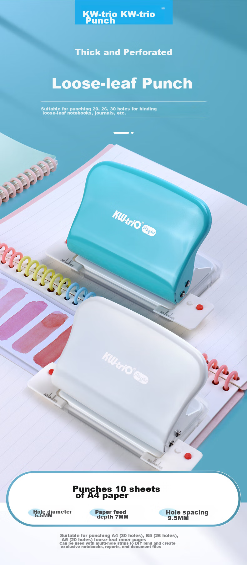 KW-Trio 20/26/30-Hole Puncher, Student Stationery Binding Tool for Loose-Leaf Notebooks, 10-Hole Puncher, Learning Aid, Student DIY Journal Tool, Hole Puncher 1